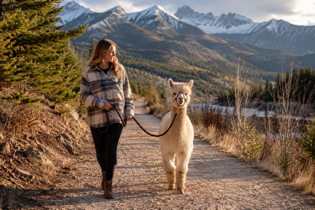 Visitor walking a leashed alpaca on scenic ranch trails near Honey Lake, Janesville CA