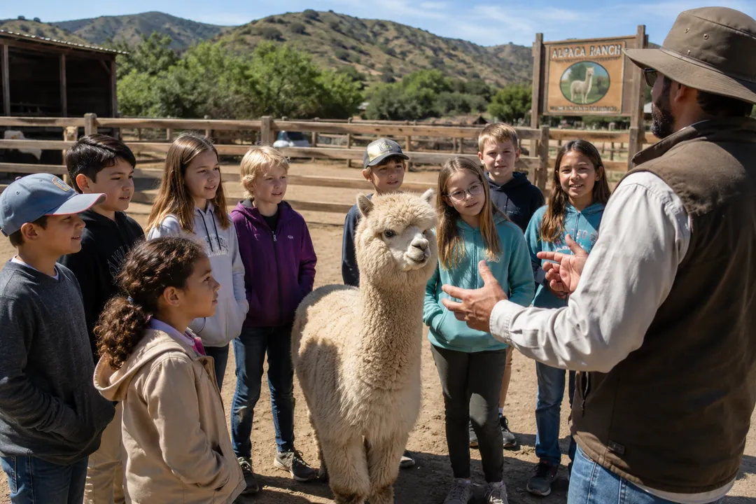 School group on an educational field trip with the alpacas at the Janesville ranch