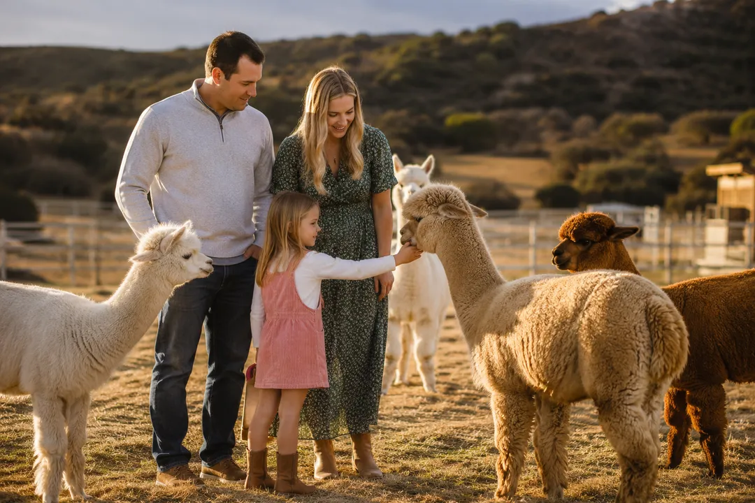 Guests meeting alpacas during a guided farm visit at Alpaca Adventures at Honey Lake ranch