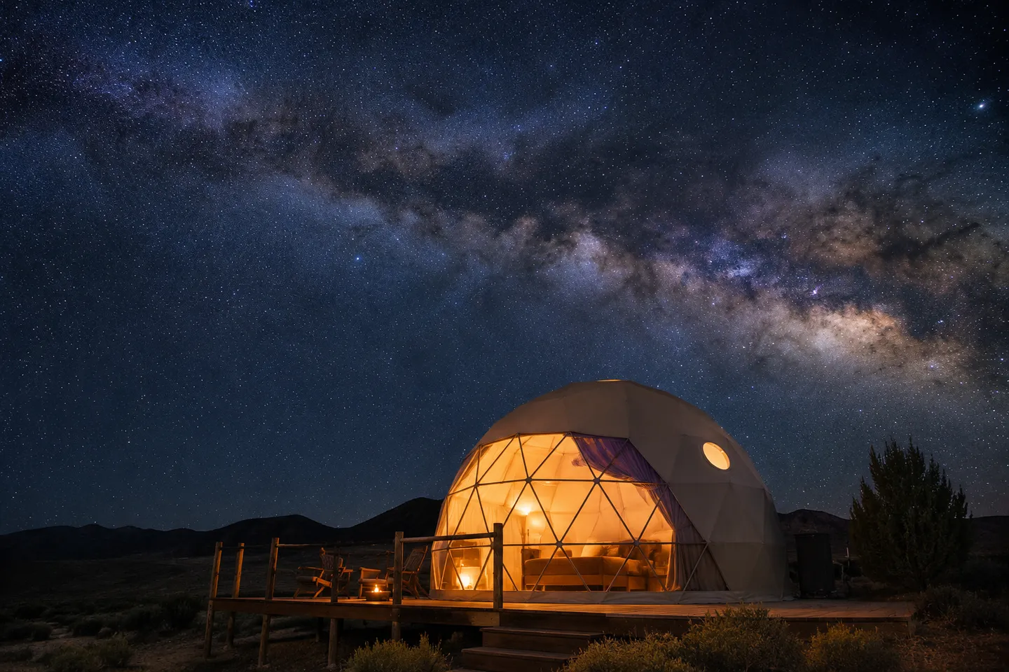 Geodesic dome at dusk with alpacas grazing nearby on the 76-acre ranch