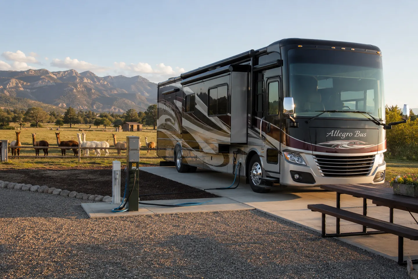 Full hookup RV site with pasture views at Alpaca Adventures Honey Lake ranch, Lassen County