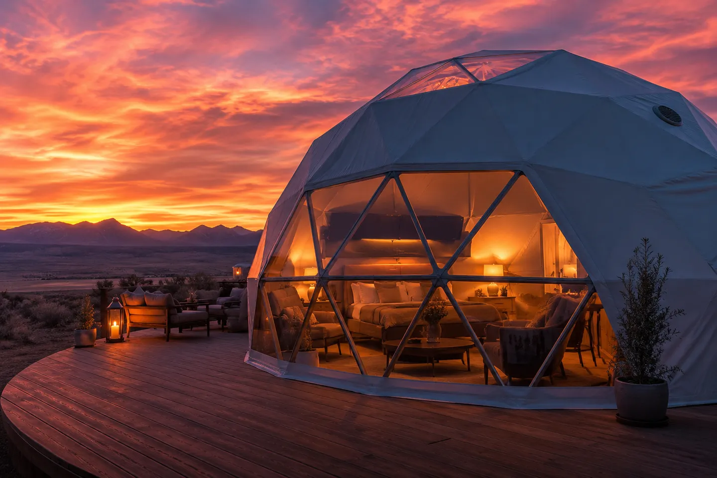 Premium geodesic glamping dome with skylight at Alpaca Adventures Honey Lake ranch