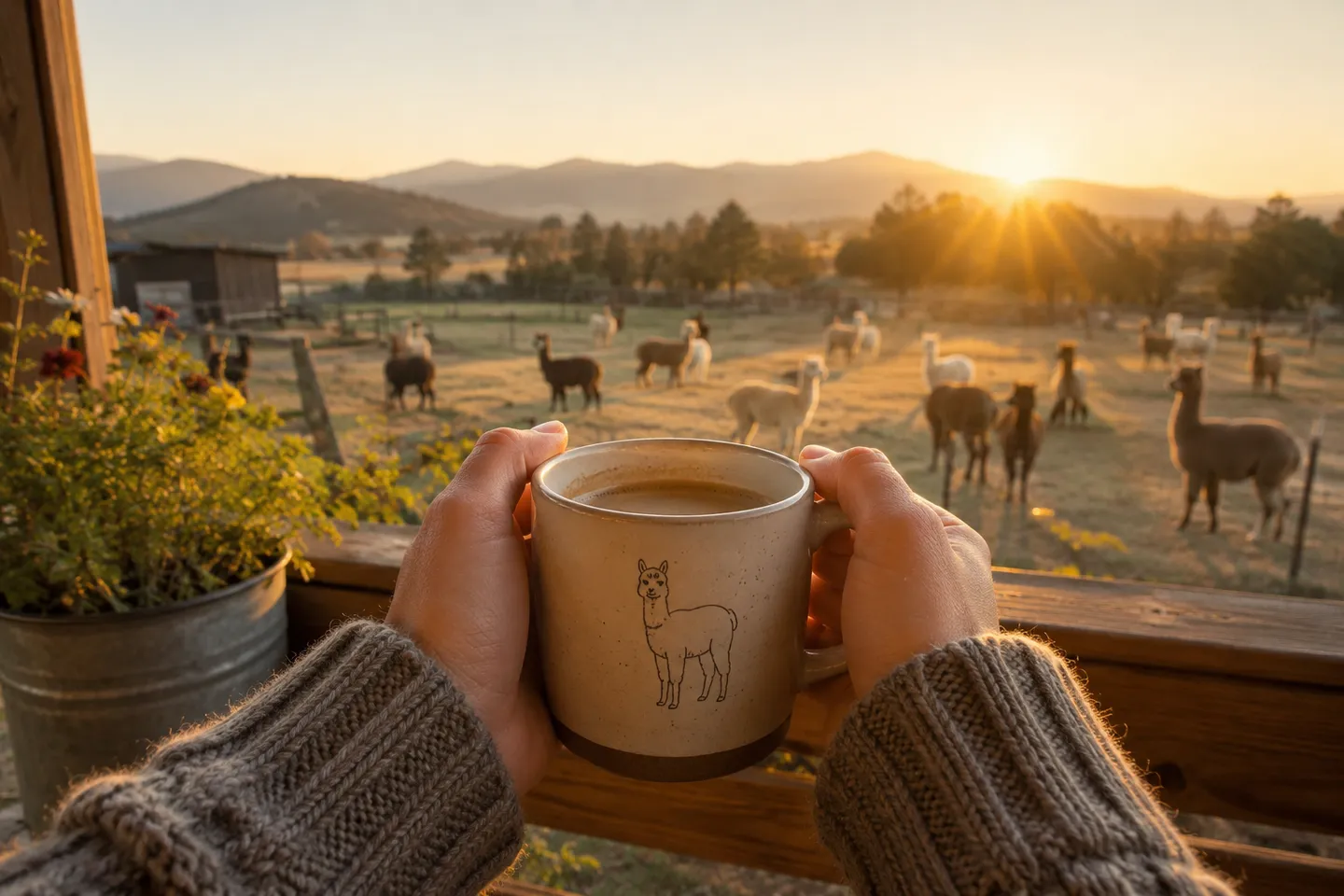 Golden hour glamping tent setup at Alpaca Adventures Honey Lake ranch
