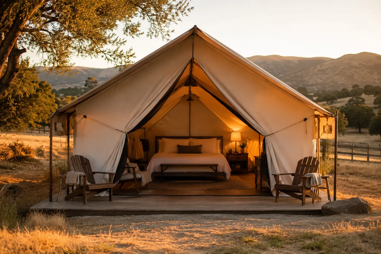 Canvas safari-style glamping tent at Alpaca Adventures Honey Lake ranch, Janesville California