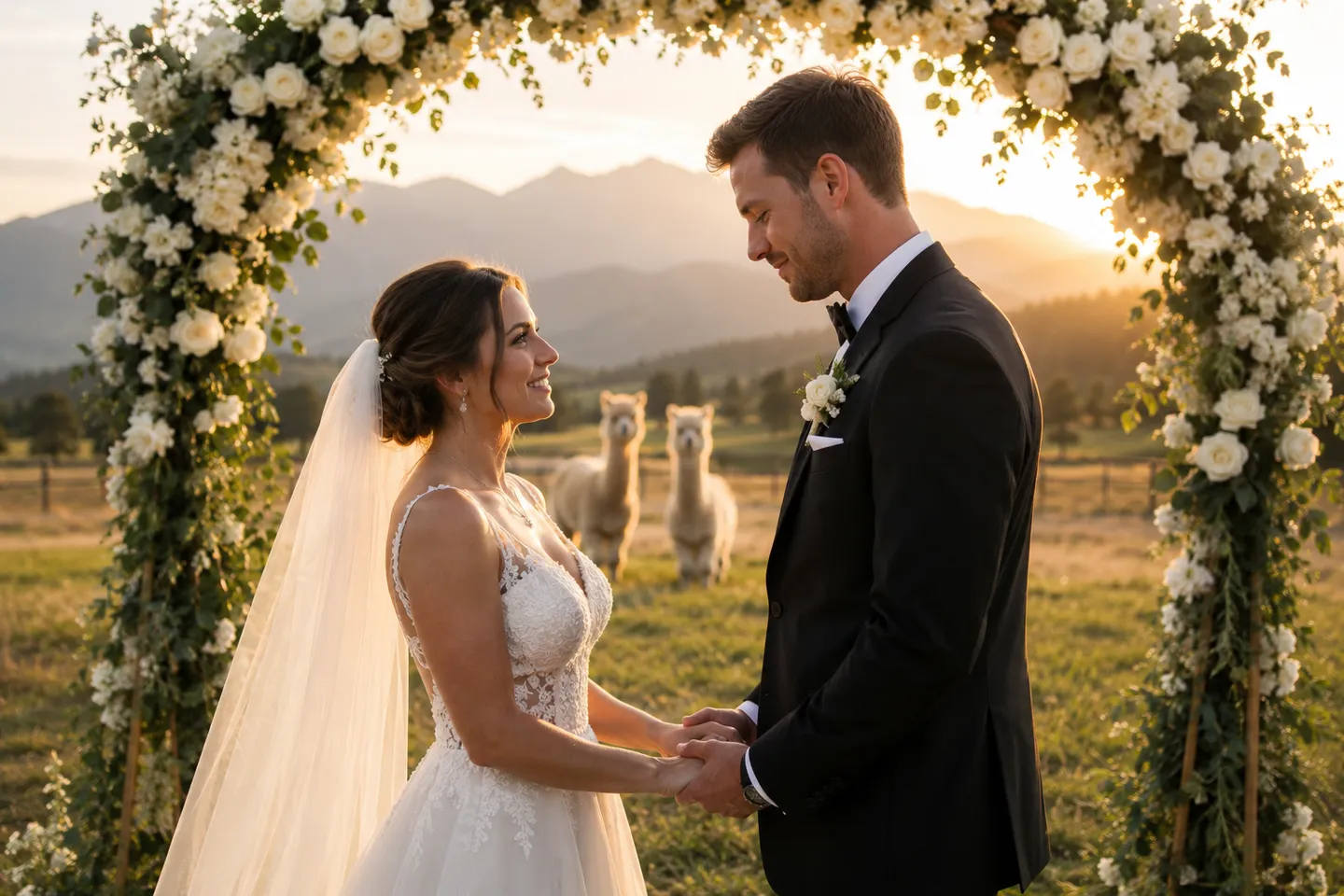 Outdoor wedding ceremony with alpacas at Honey Lake, Janesville California