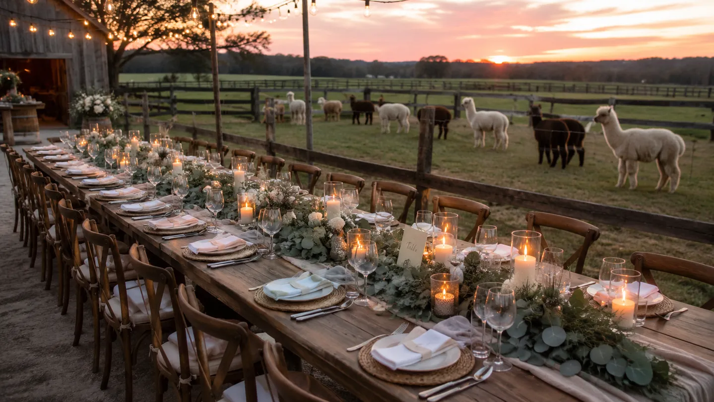 Bride and groom with alpacas at golden hour on the ranch