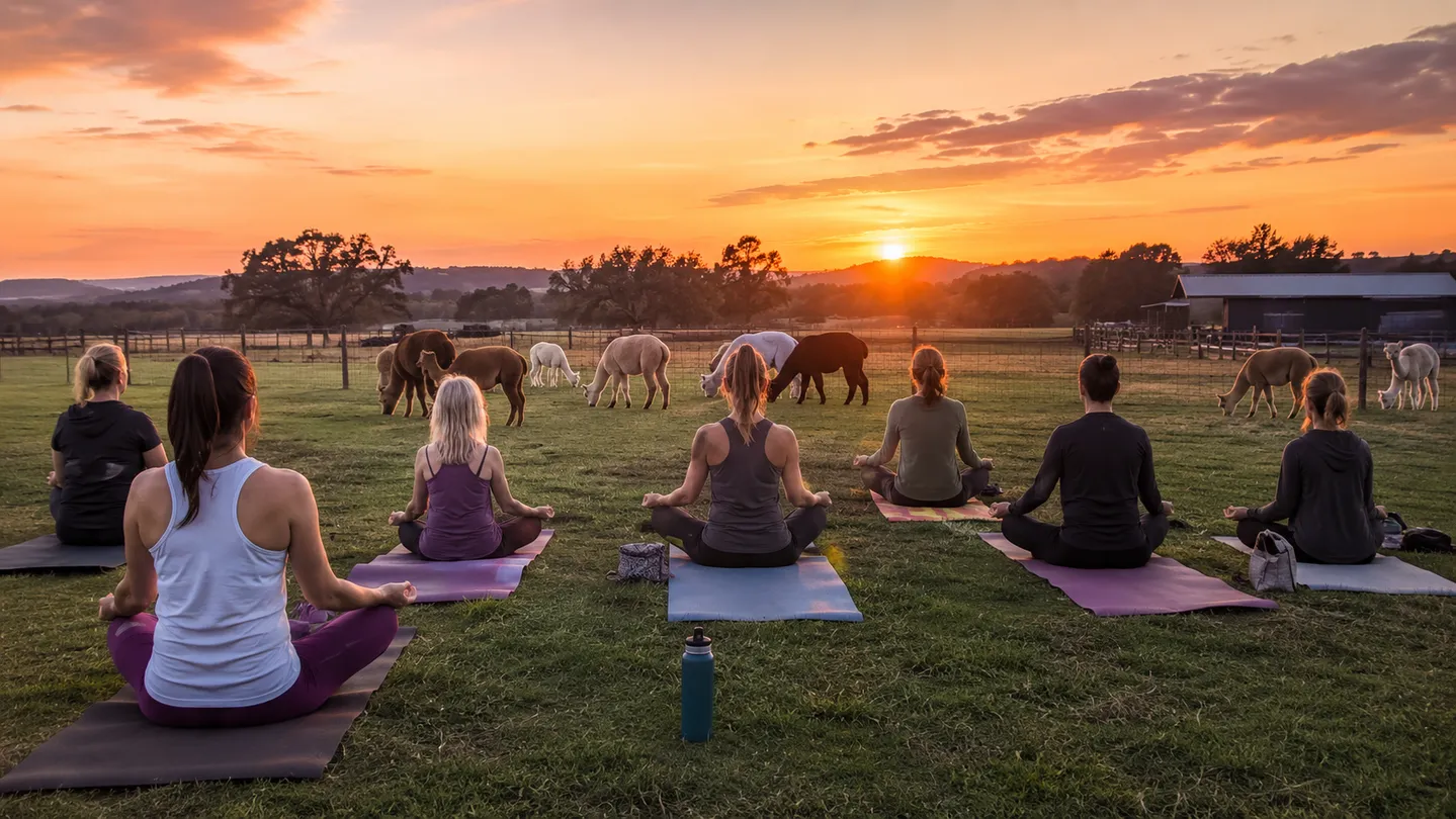 Sunset yoga workshop with alpacas at Honey Lake