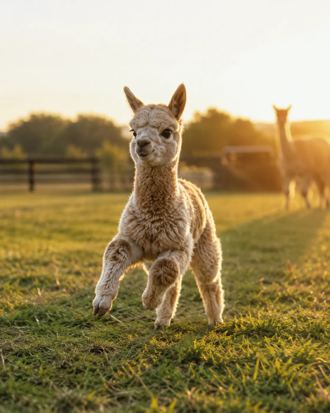 Alpaca cria with mother in golden hour light at Honey Lake ranch
