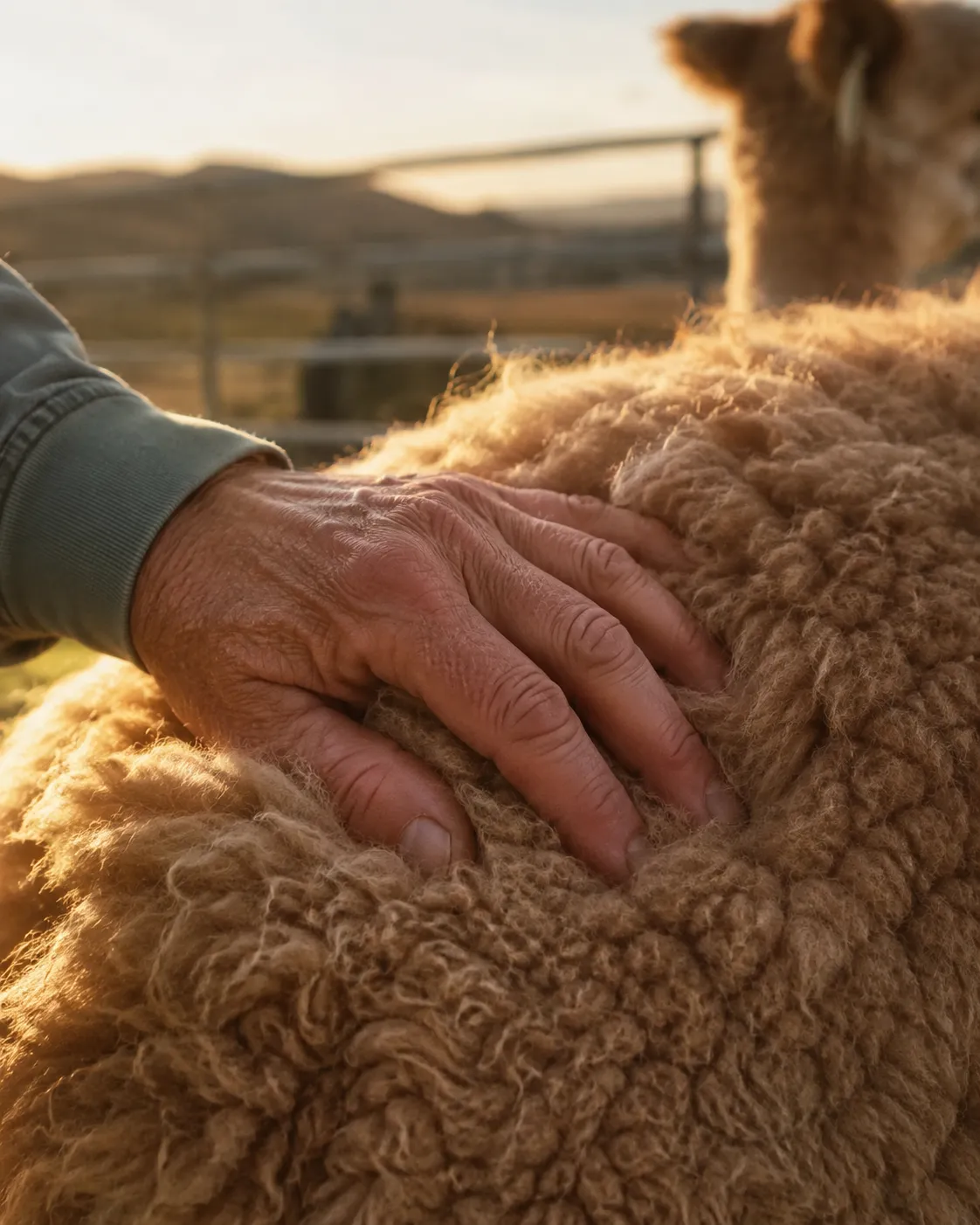 Close-up of dense Huacaya alpaca fleece on the Honey Lake working ranch