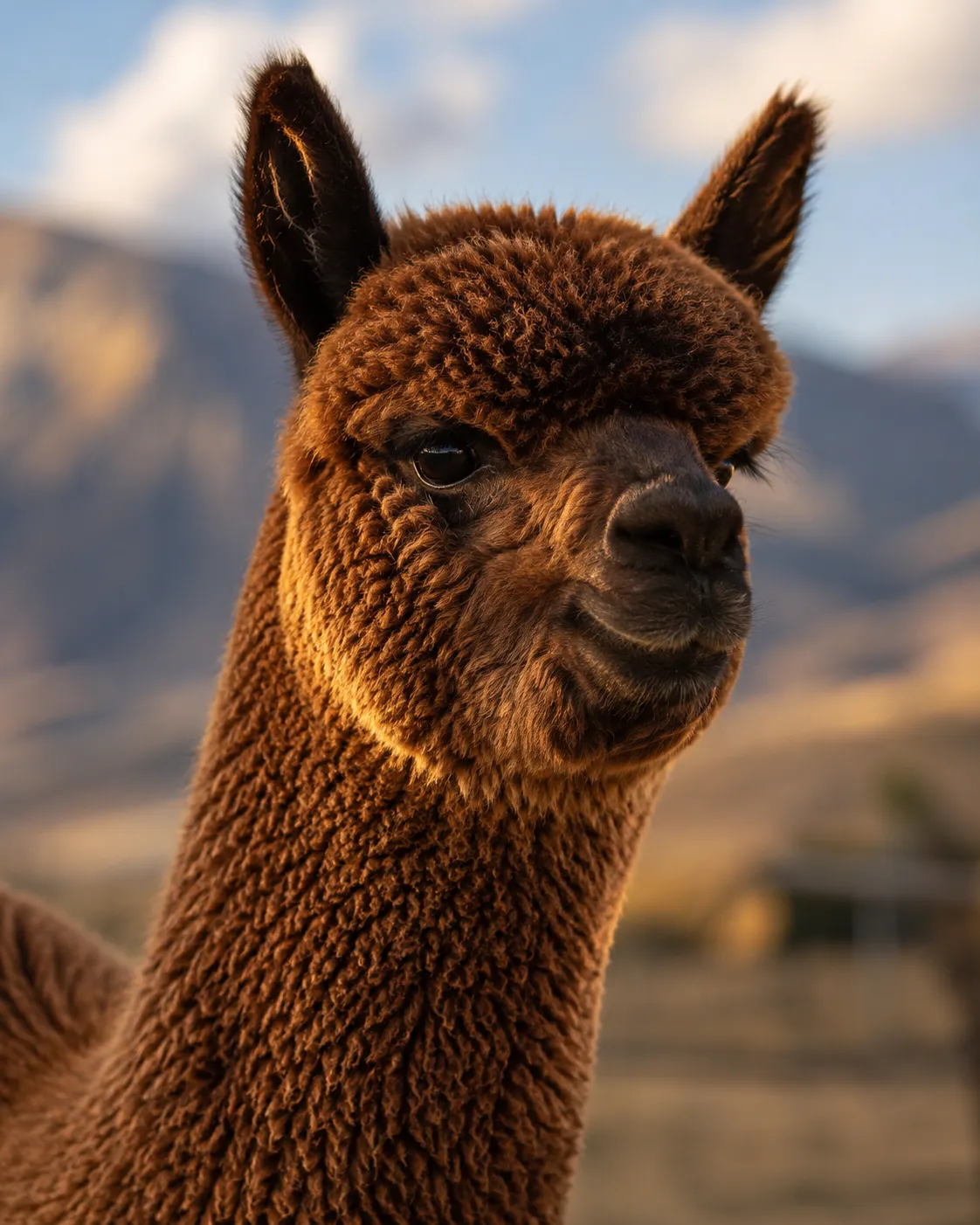 Bronzed Moka, a dark fawn Huacaya stud male alpaca at the Honey Lake ranch