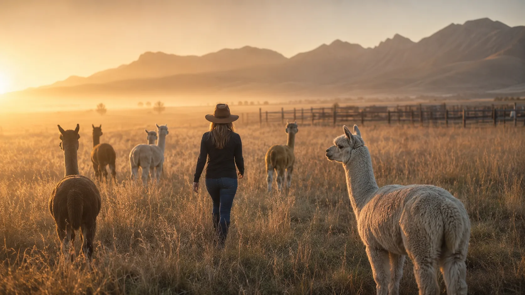 A woman walking through tall pasture grass at dawn surrounded by alpacas, soft mist and golden light on a 76-acre California ranch