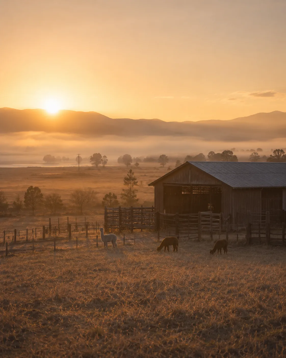 Dawn breaking over the Honey Lake alpaca ranch barn, first golden light of morning on the pasture