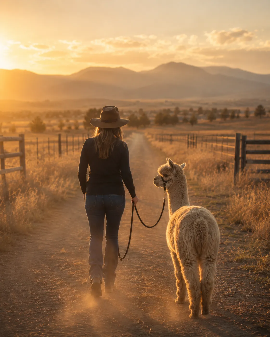 Stacey walking a leashed alpaca down a ranch trail at golden hour with Honey Lake mountains in the distance
