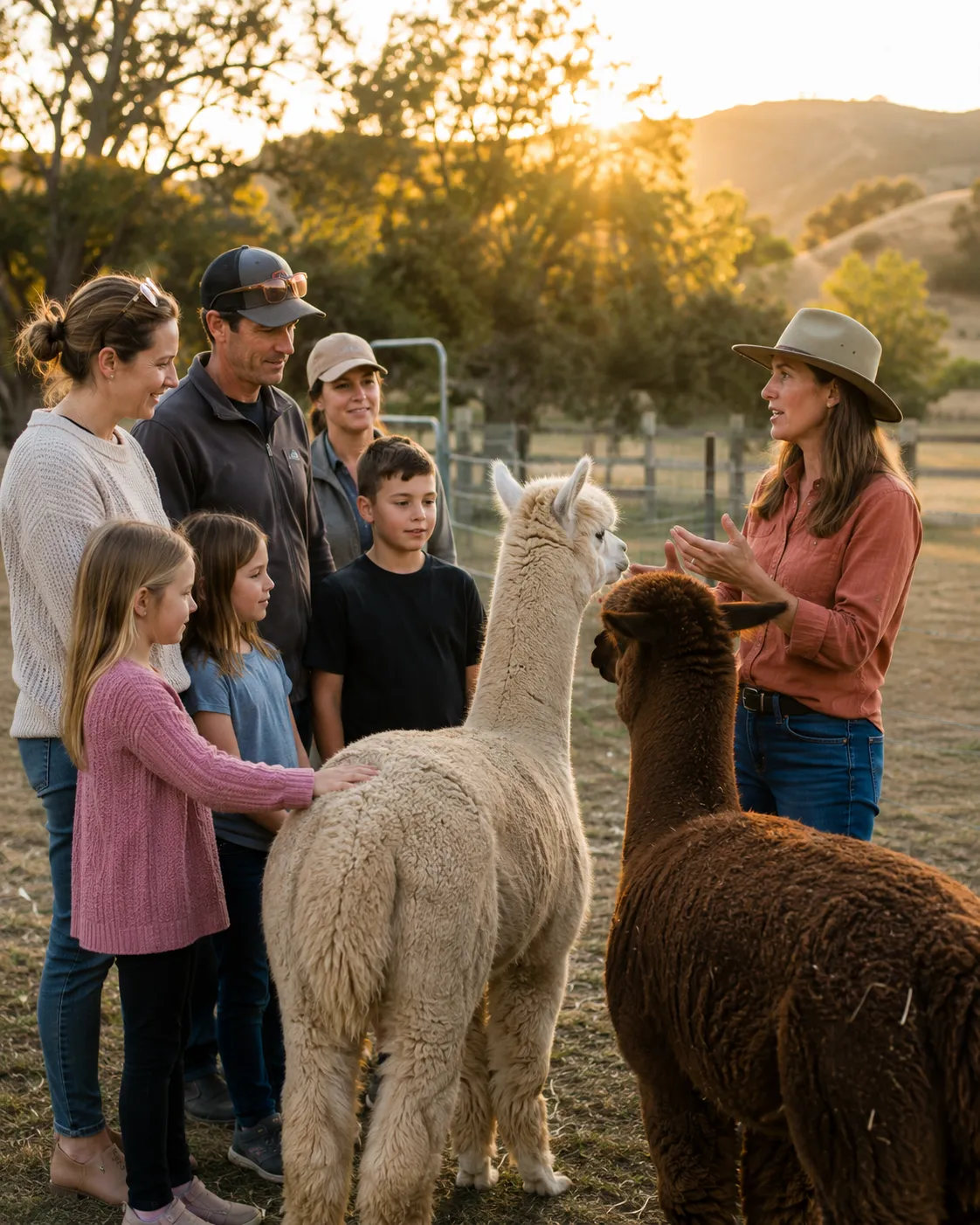 Stacey explaining alpaca care to a small group of curious adults and children gathered in the pasture at Alpaca Adventures