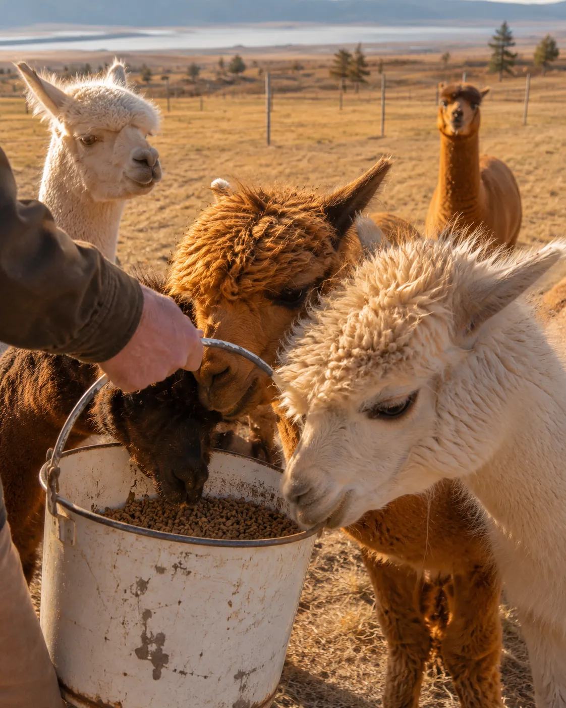 Alpacas being fed pellet treats from a worn enamel bucket in the midday sun at Alpaca Adventures