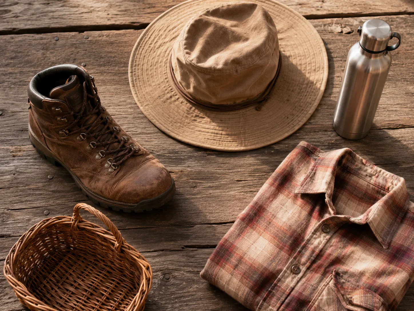 Editorial flat lay of essentials for a ranch visit — leather boots, sun hat, water bottle, flannel shirt, and basket on a weathered wood surface