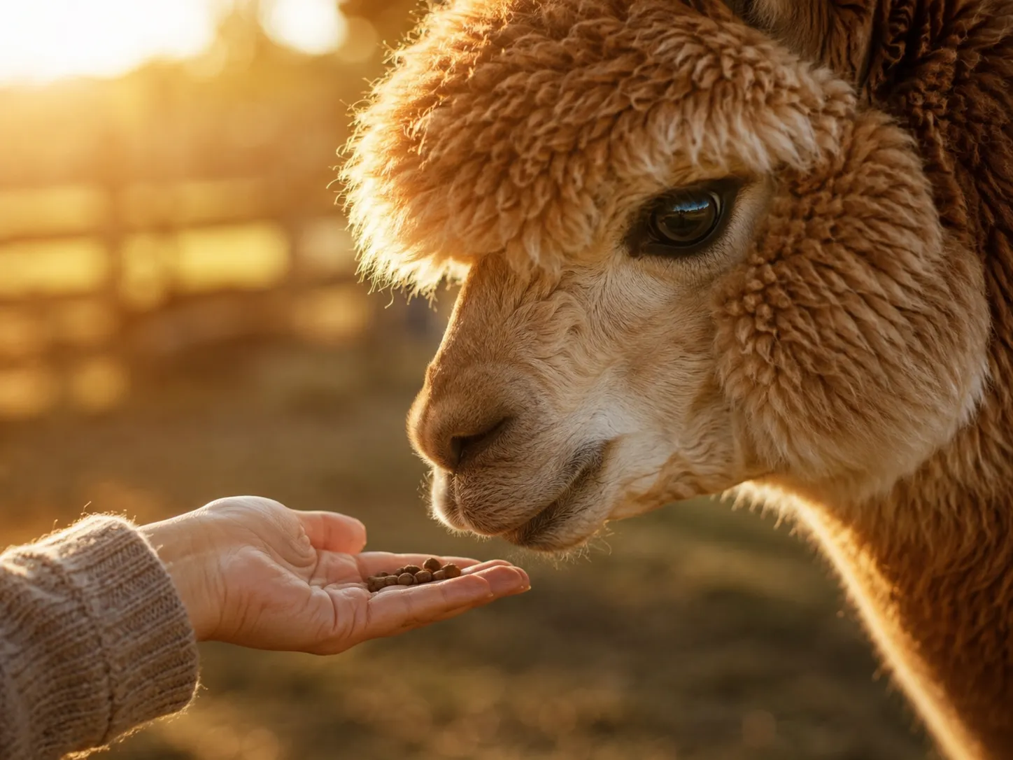 A guest's open hand gently offering alpaca pellets to a curious Huacaya alpaca in soft golden light