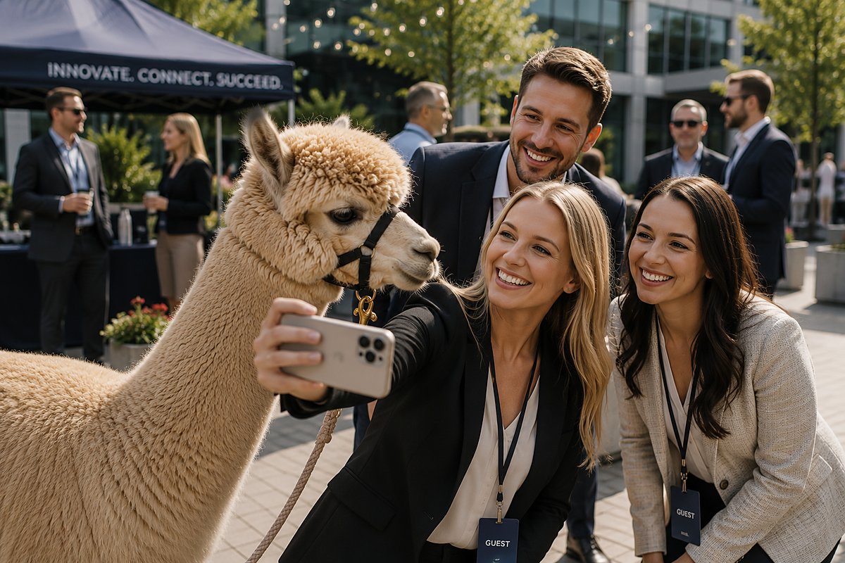 Coworkers posing with alpacas at an office event