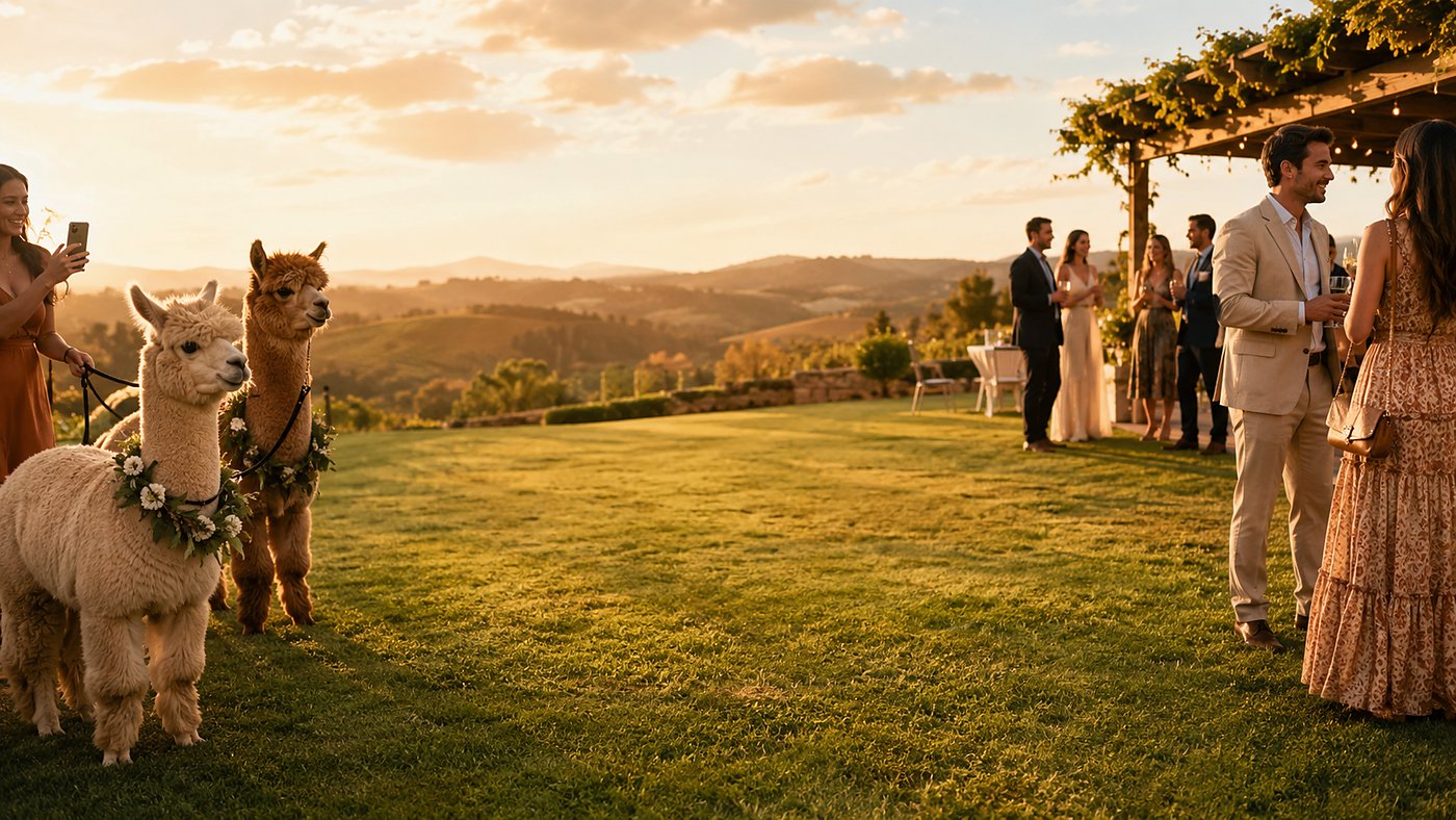 Alpacas at a sunset vineyard wedding reception