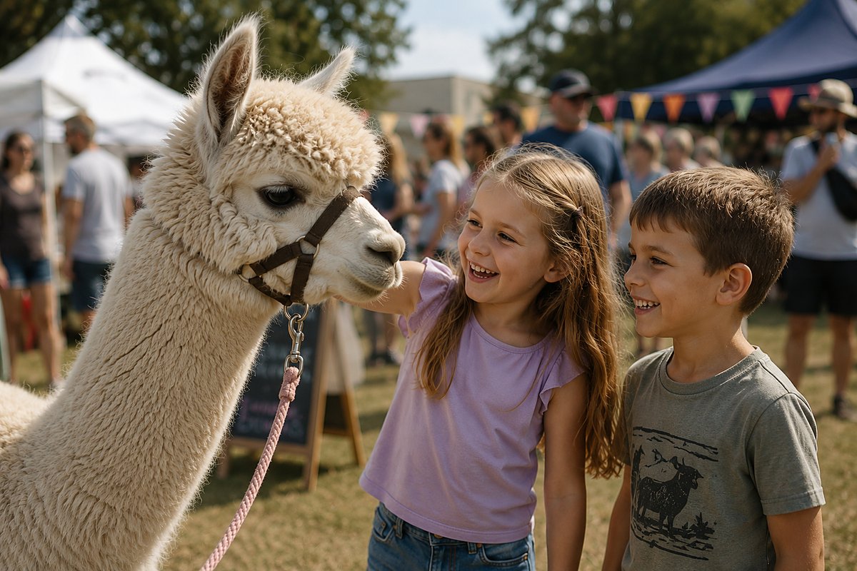 Children petting an alpaca at a community fair