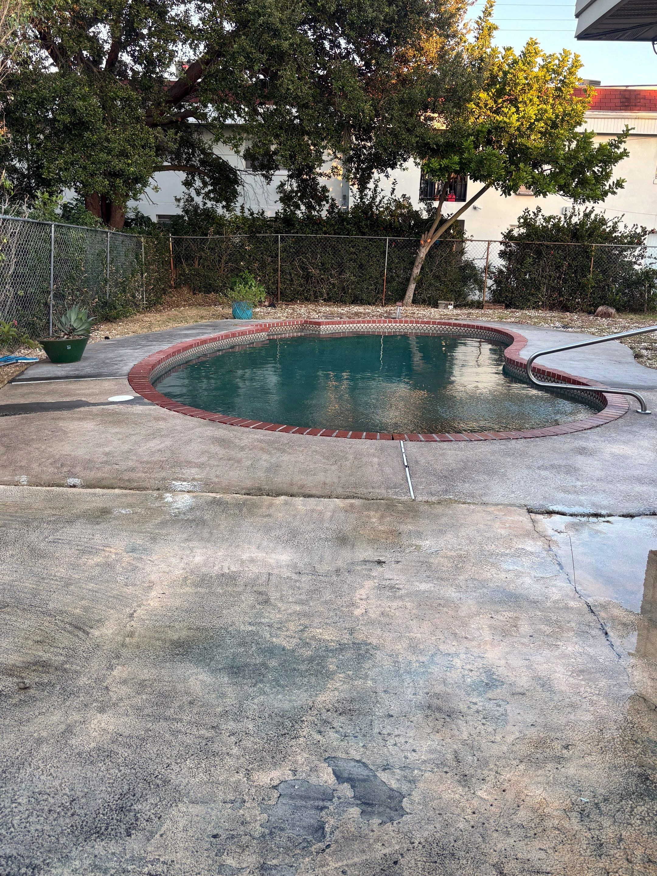 Before: stained pool decking with a bare, patchy yard