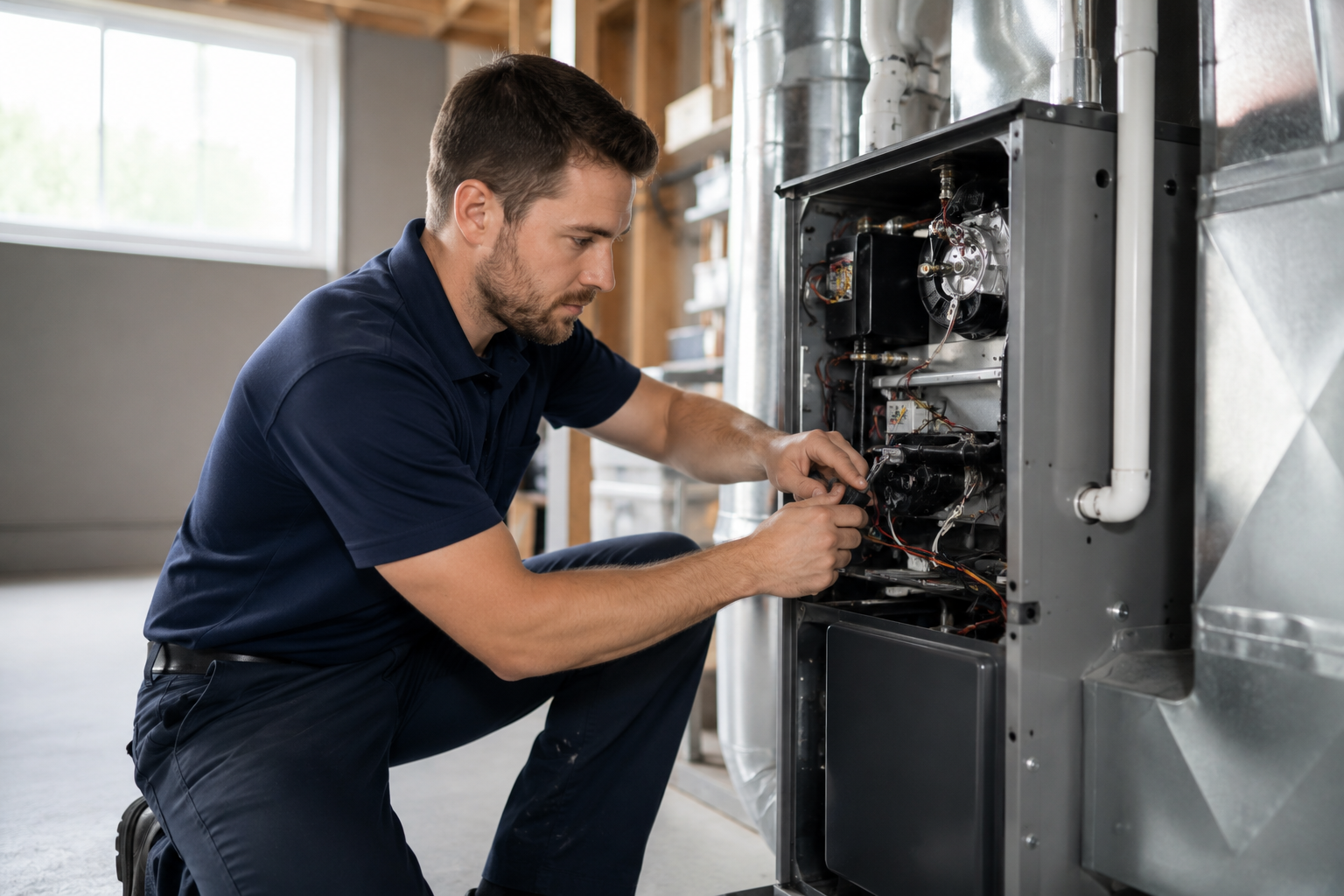 Air Comfort Guys technician servicing a home heating system