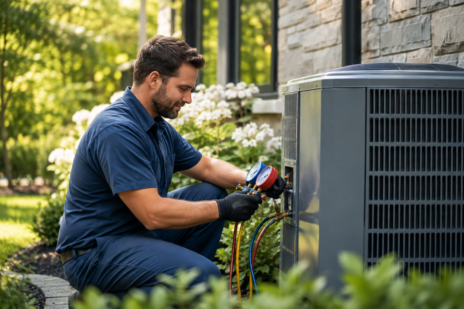 Air Comfort Guys technician servicing a home air conditioner