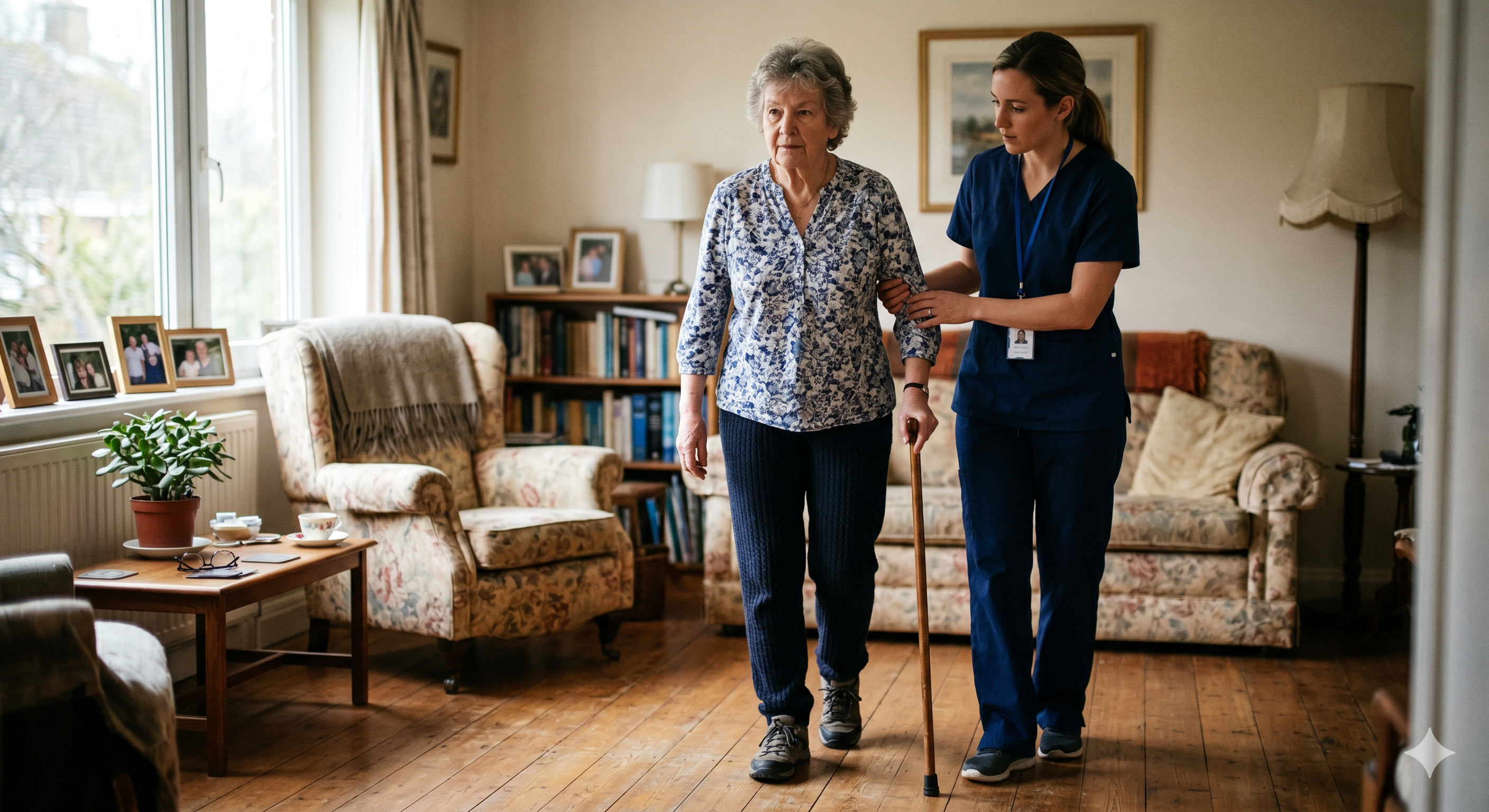Therapist walking alongside a patient using a cane in her living room.