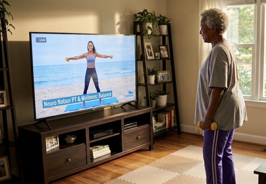 Woman following along to a Neuro Nation PT & Wellness balance class streaming on her living room TV while holding dumbbells.