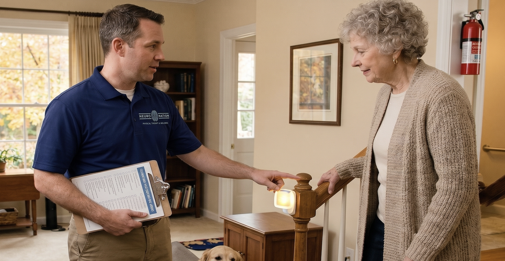 Therapist reviewing a home safety checklist with an older woman beside a stair railing, pointing out a handrail.