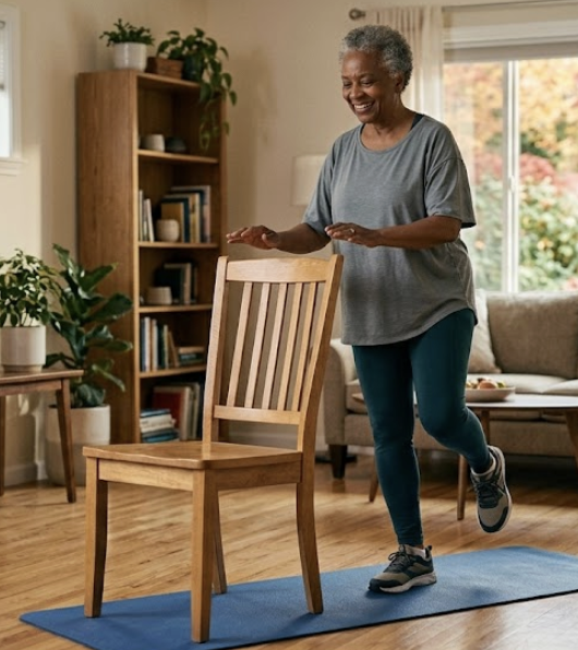 Smiling older woman practicing single-leg balance behind a chair on an exercise mat in her living room.