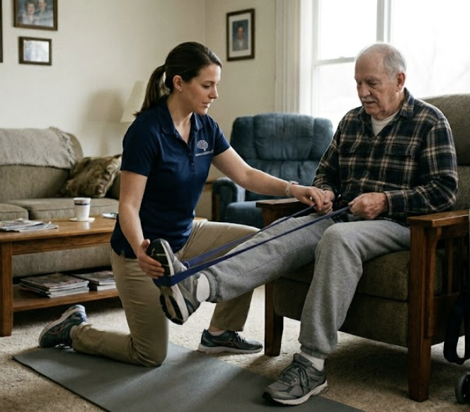Therapist kneeling on a mat in a living room, guiding an older man through a resistance-band leg exercise.