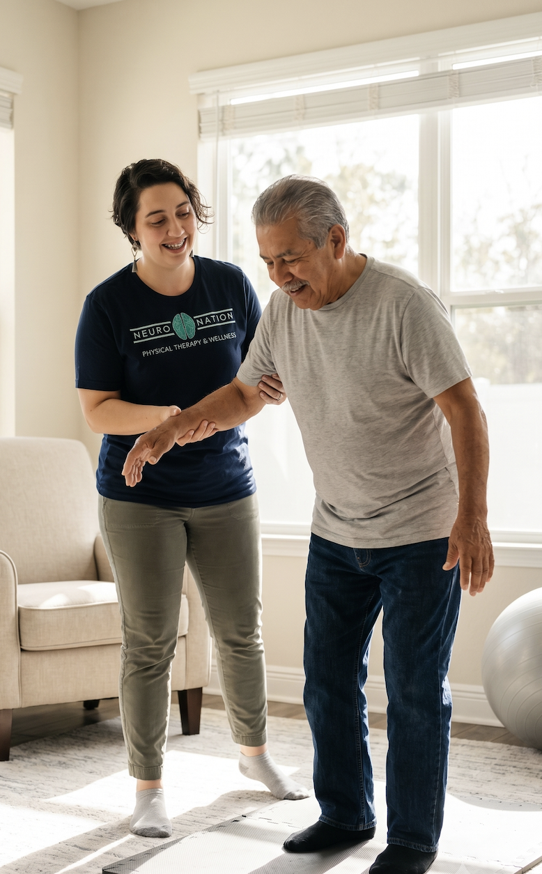 Therapist working with a Triangle-area patient during an in-home physical therapy session.