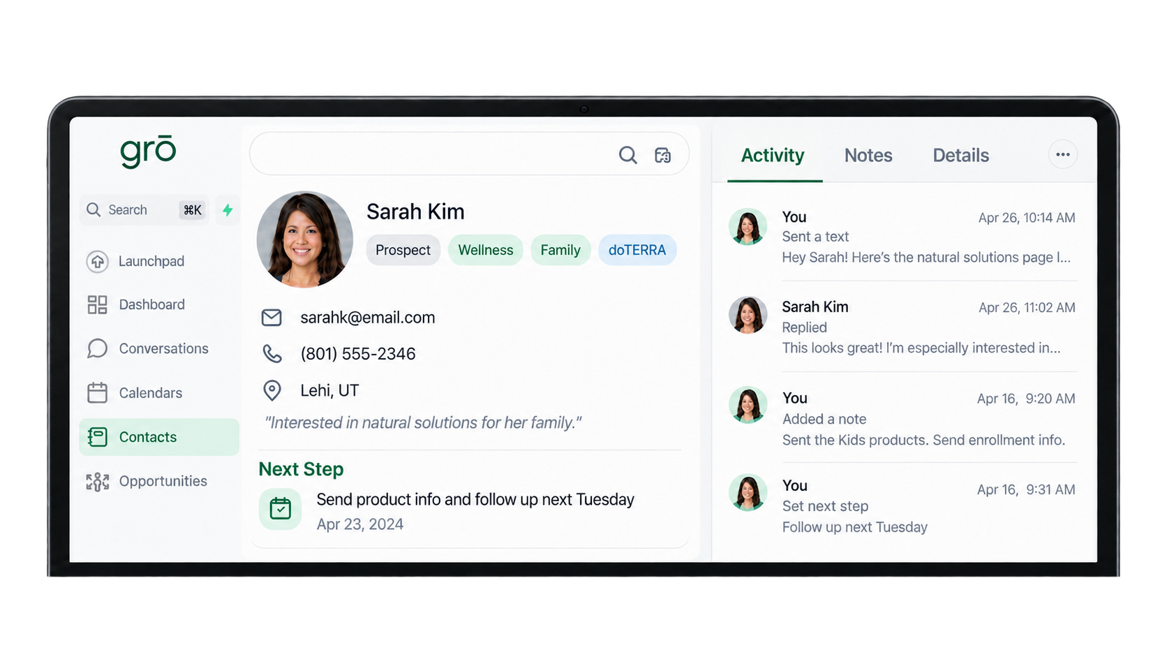 Grō contact record with notes, tags, and conversation history