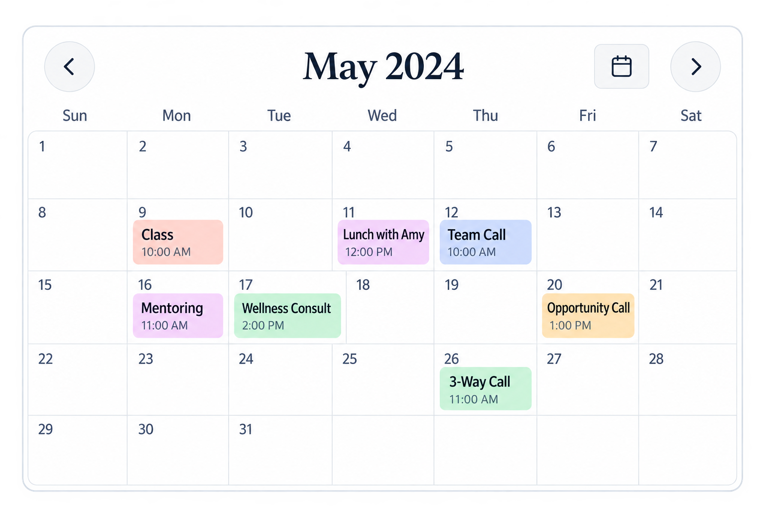May 2027 calendar with scheduled wellness events