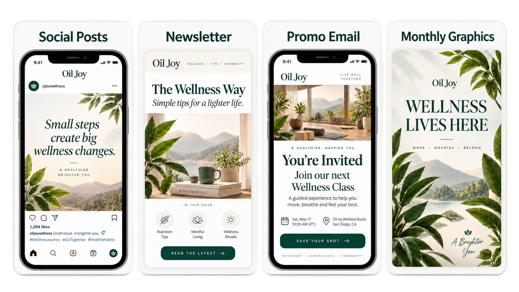 Social posts, newsletters, and blog content on phone mockups
