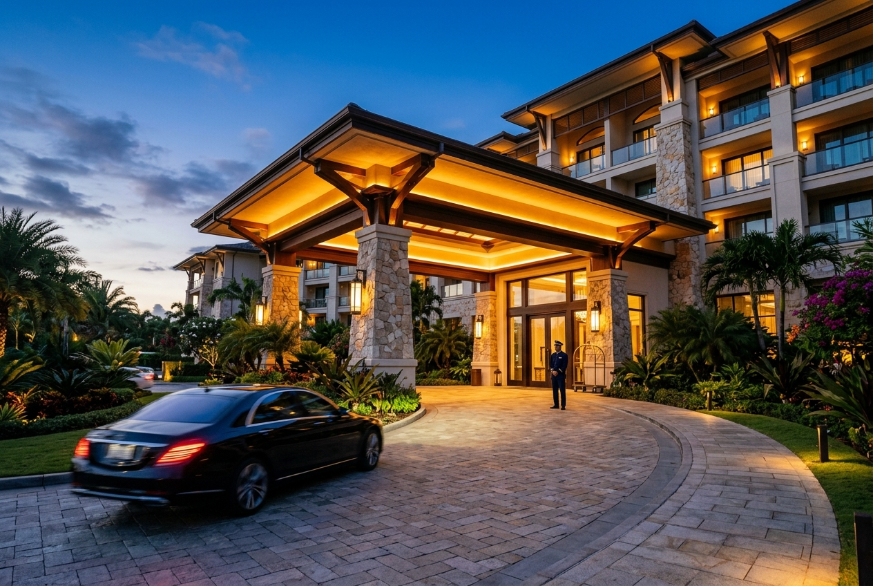 Grand entrance of a Five-Star luxury resort representing the lifestyle of a successful travel advisor