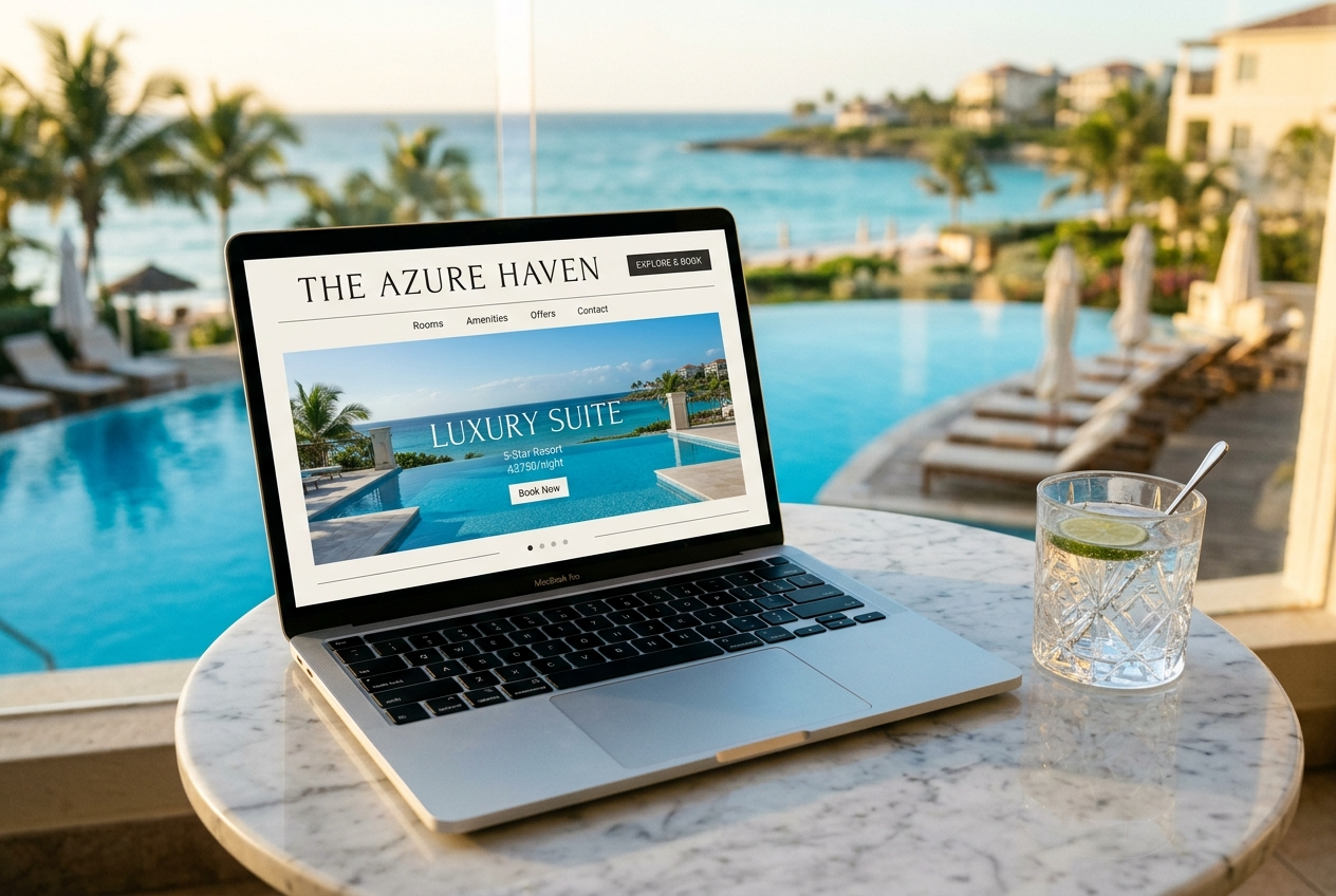 Custom branded WhataHotel luxury booking portal displayed on a laptop at a poolside setting