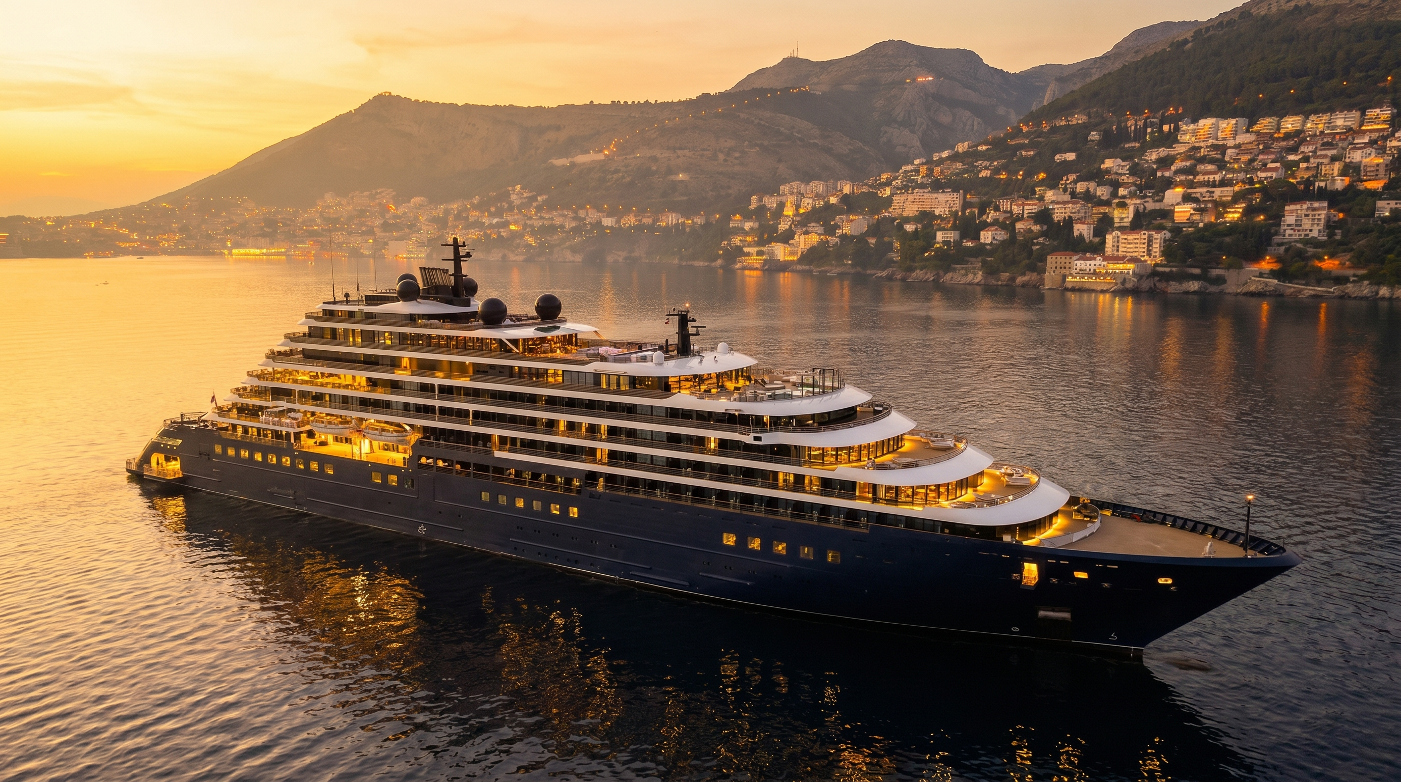 A Ritz-Carlton Yacht Collection yacht lying at anchor at golden hour off a hillside Mediterranean town, its tiered decks and terraces lit warmly against calm water
