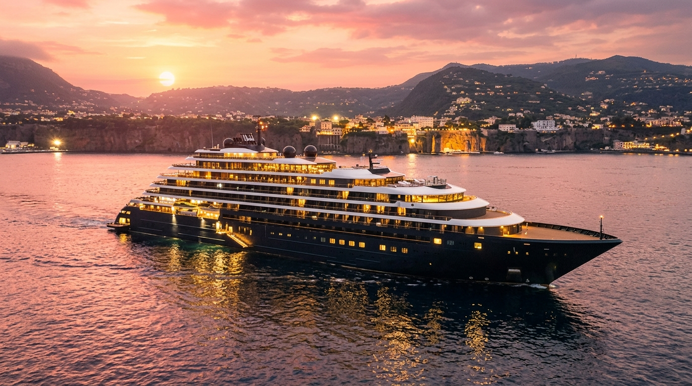 Evrima — the inaugural superyacht of The Ritz-Carlton Yacht Collection, the 624-foot vessel with 149 suites and the most intimate scale in the fleet