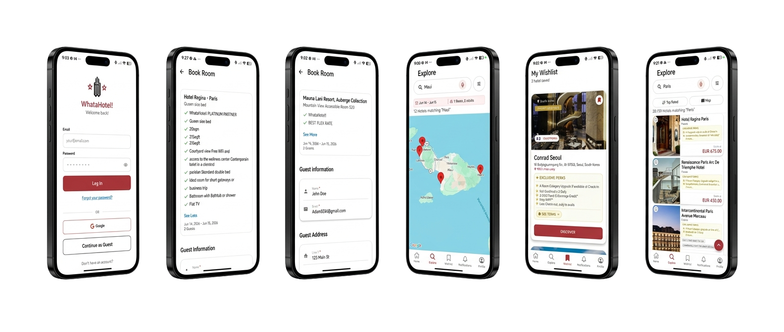 The WhataHotel! app shown across five iPhone screens