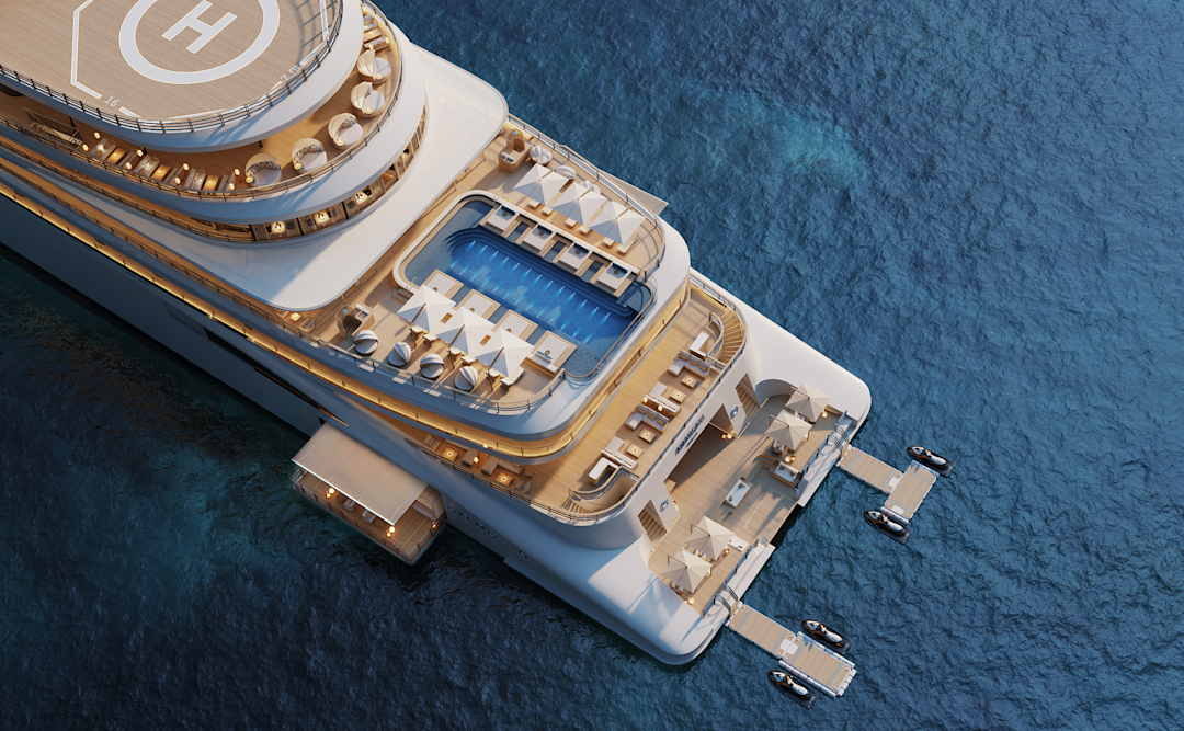 An overhead design render of Amangati's aft decks showing a long pool flanked by white cabanas, a helipad marked H on the upper deck and an extended marina platform with tenders alongside