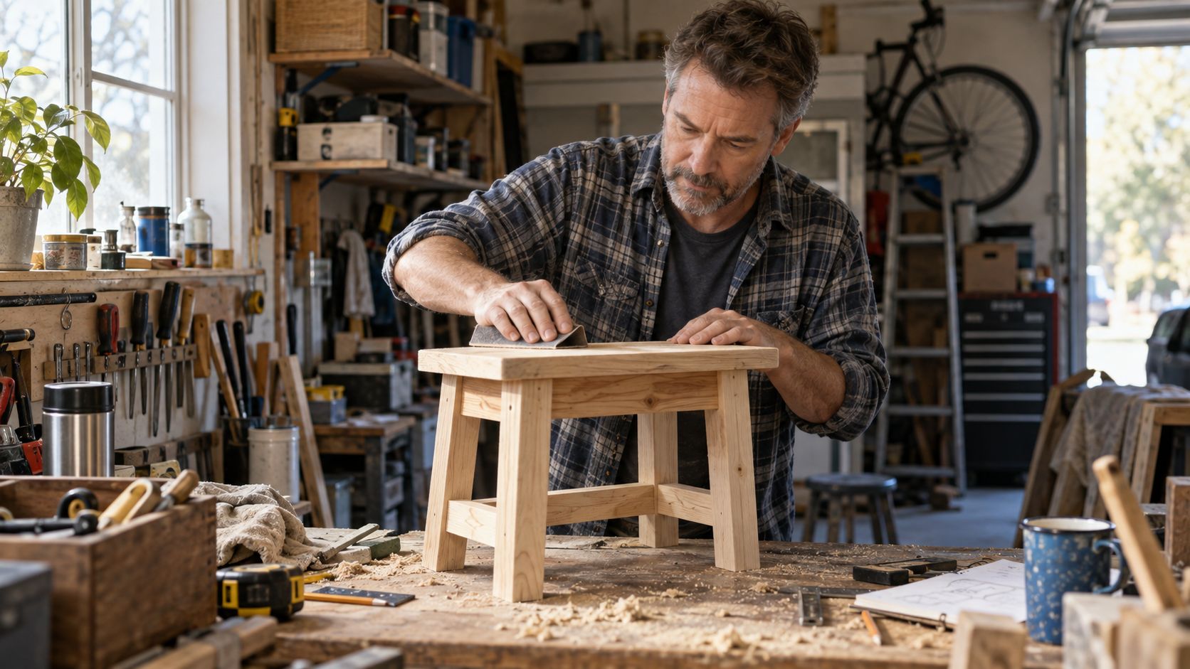 A middle-aged beginner concentrating on a small woodworking project in an ordinary home workshop