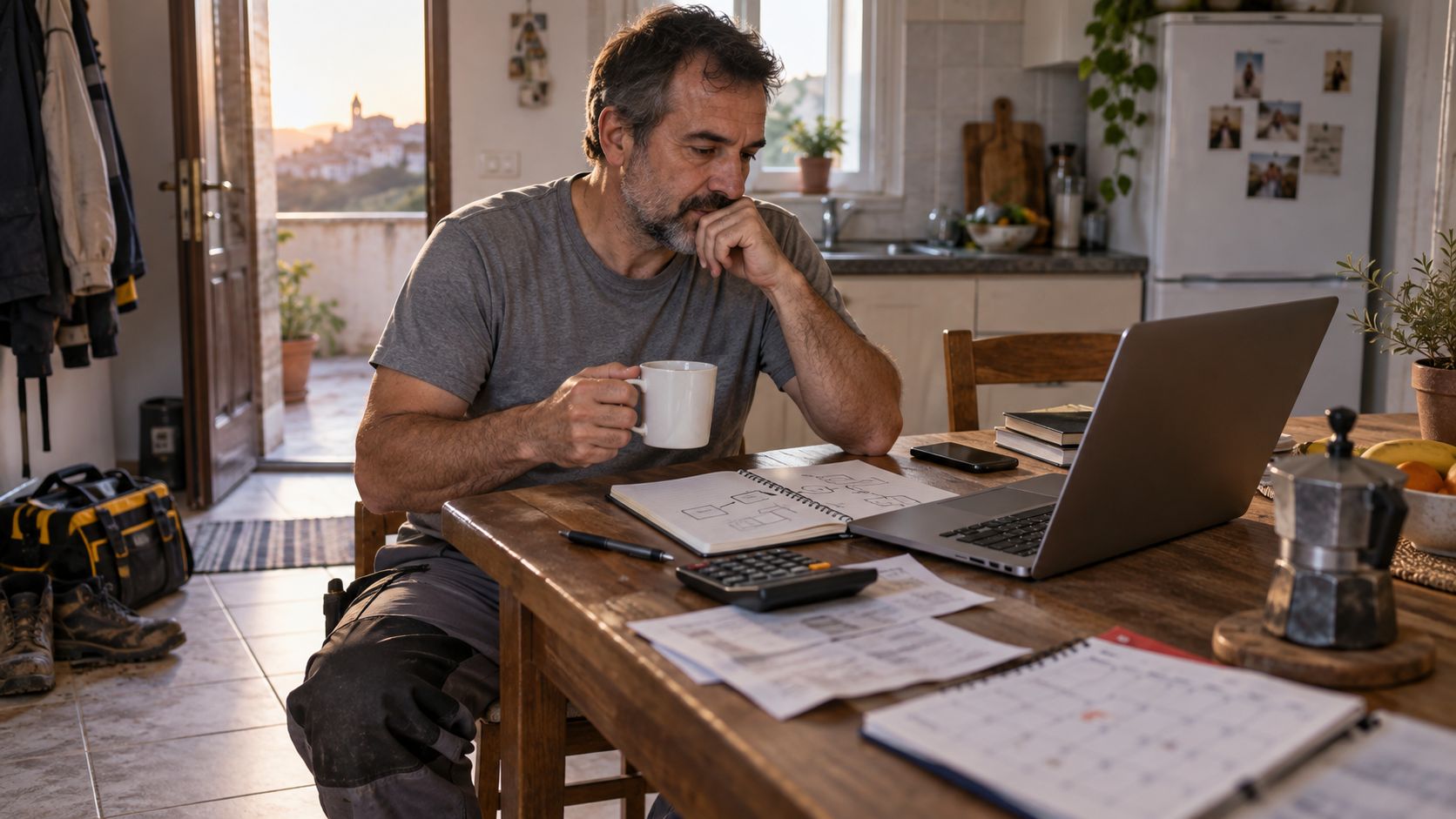 A middle-aged tradesman at a Spanish kitchen table planning a gradual move from physical work to laptop work