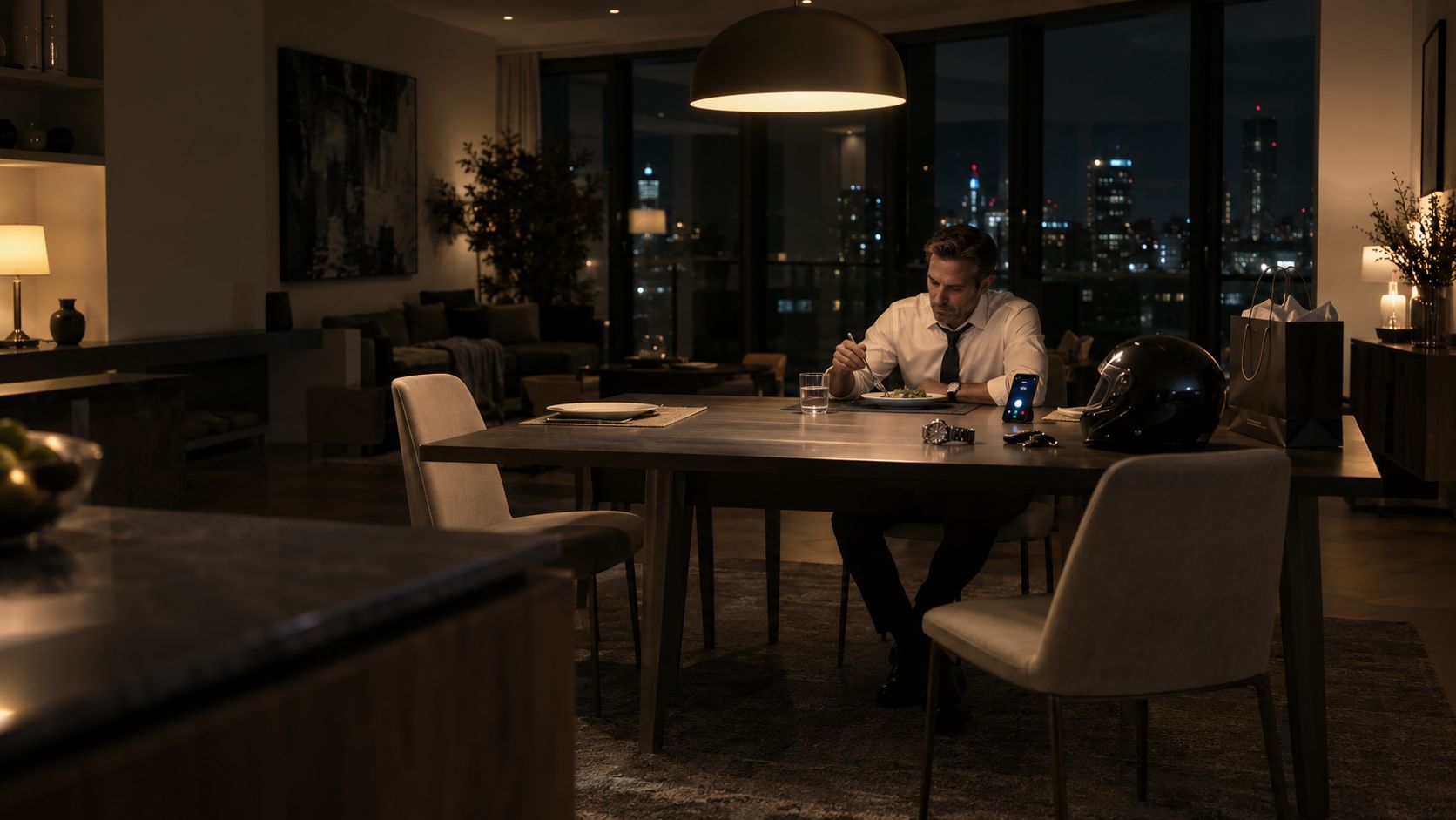 A successful man eating dinner alone in a stylish apartment while his work phone rings beside expensive possessions