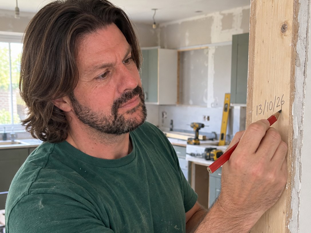 Leon writing 13/10/26 in pencil on a timber stud in a kitchen being refitted
