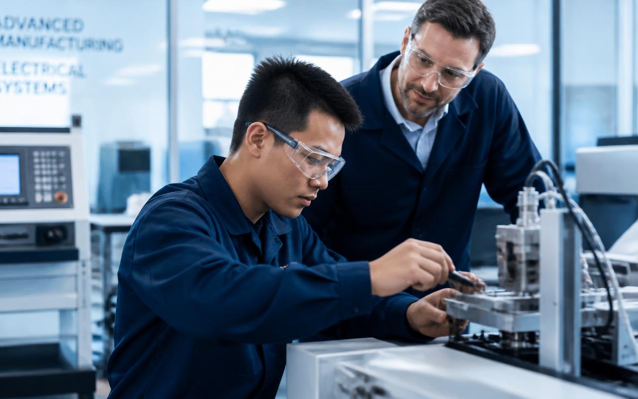 An instructor guiding a student in a modern advanced manufacturing and electrical training lab