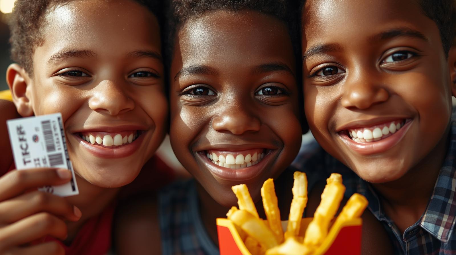 Three black boys with french fries smiling