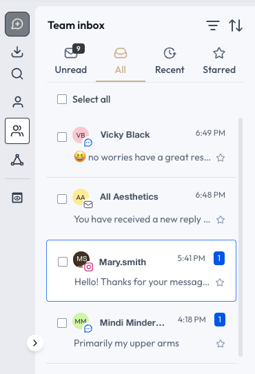 Keystone Spa OS team inbox with sample conversations