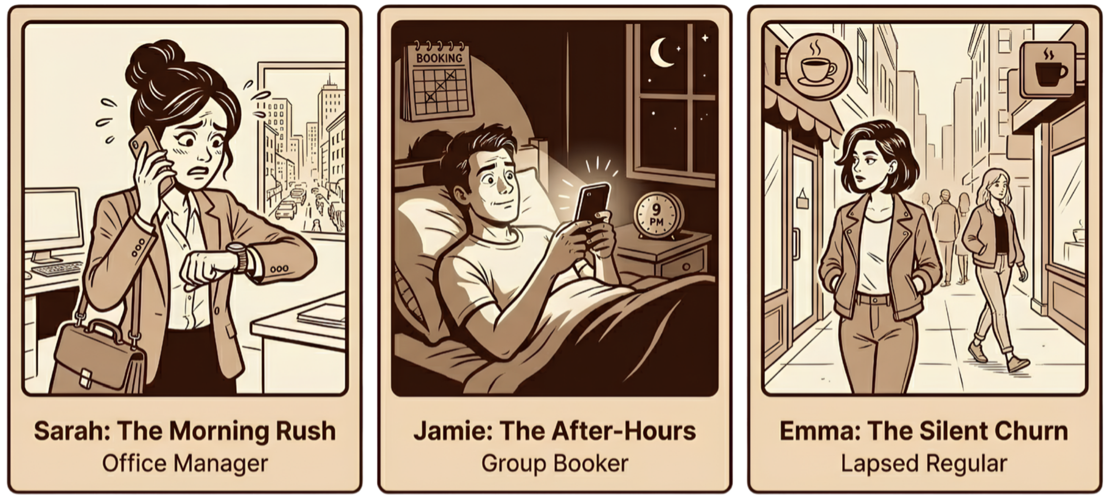 Sarah the Morning Rush office manager, Jamie the After-Hours group booker, and Emma the Silent Churn lapsed regular